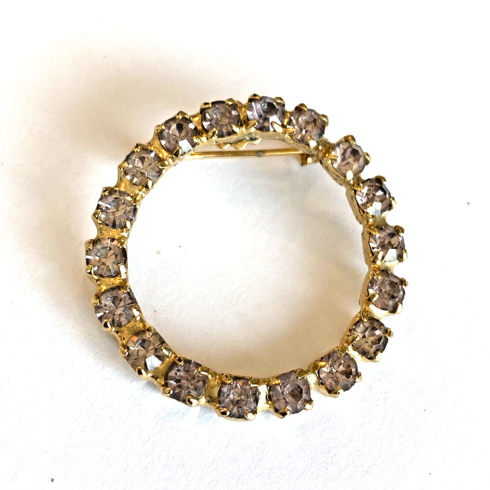 Vintage Wreath Brooch Mid Century Circle Pin Goldtone & Light Pink Rhinestones